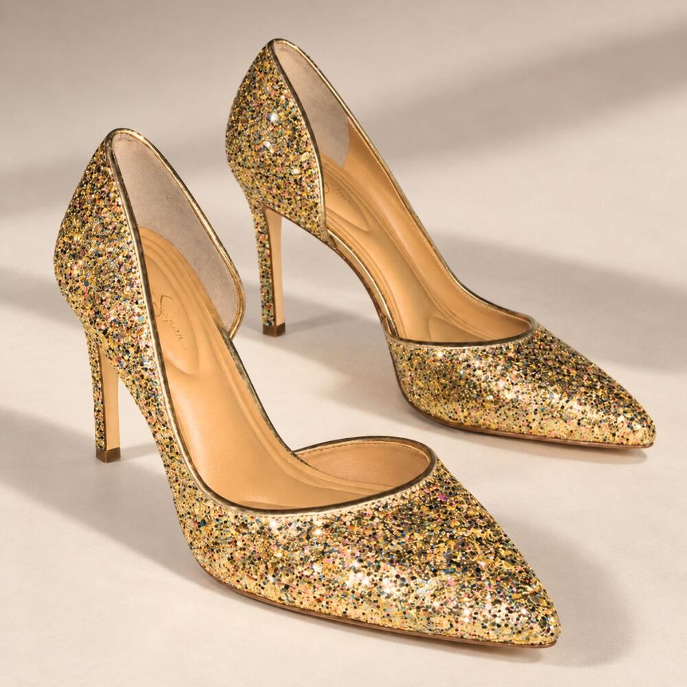 Jessica Simpson Prizma Half D'Orsay in Party Gold Glitter Heels Pointed Toe 8.5